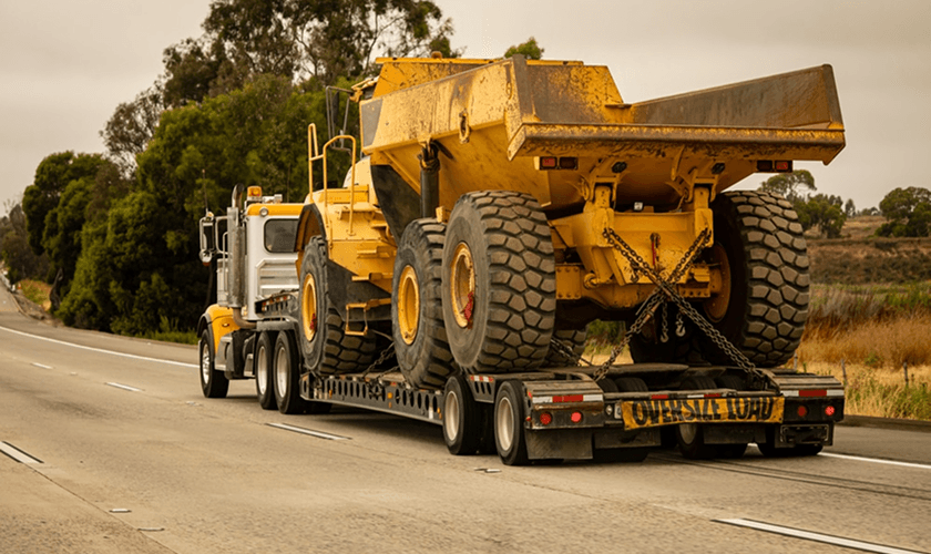 Heavy equipment transporter carrying construction machinery